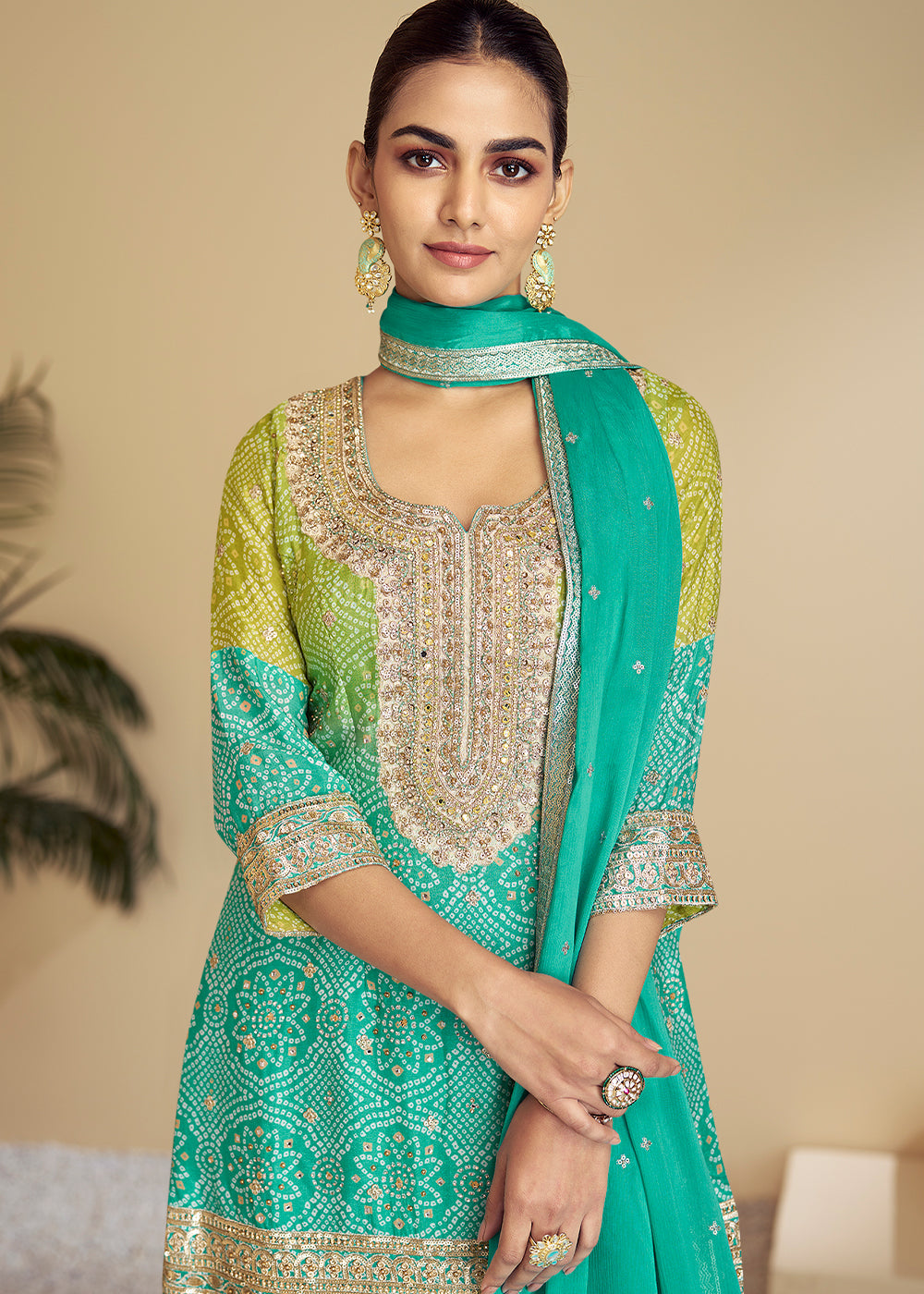 Shades Of Green & Blue Bandhani Printed Chinon Silk Plazzo suit with Embroidery work