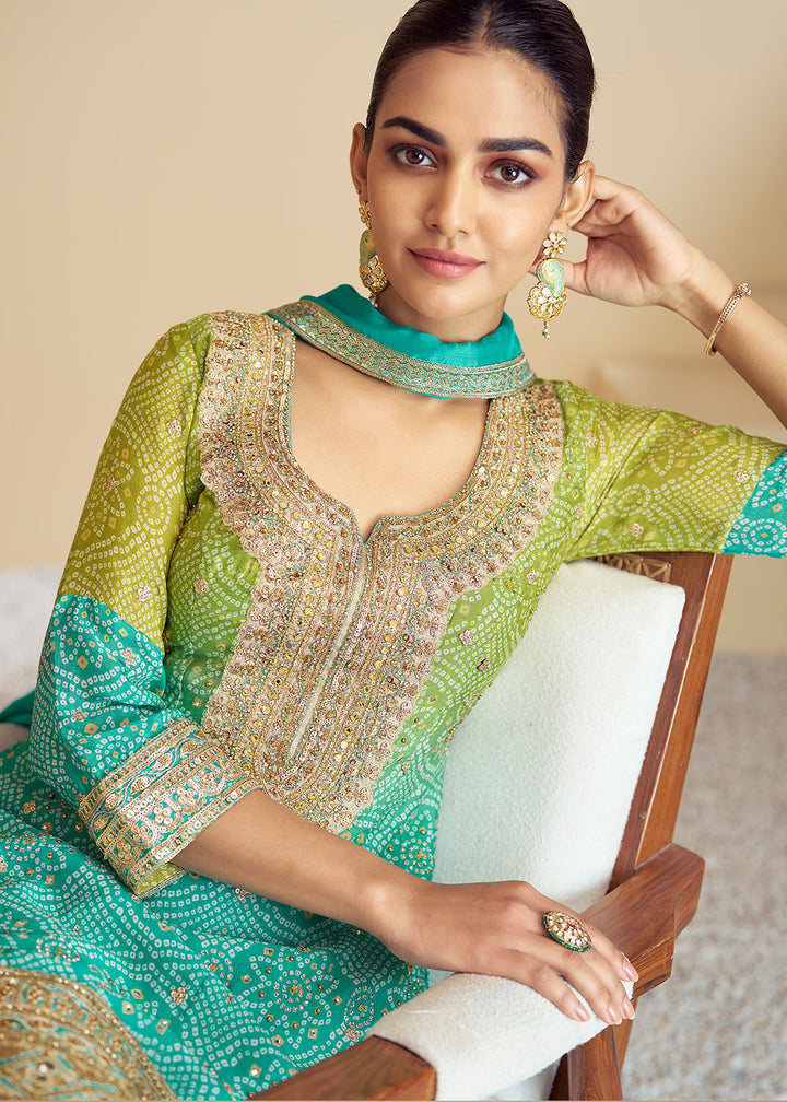 Shades Of Green & Blue Bandhani Printed Chinon Silk Plazzo suit with Embroidery work