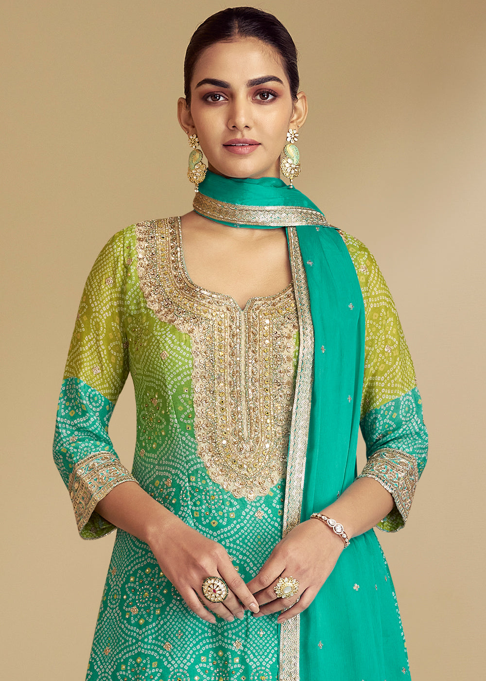 Shades Of Green & Blue Bandhani Printed Chinon Silk Plazzo suit with Embroidery work