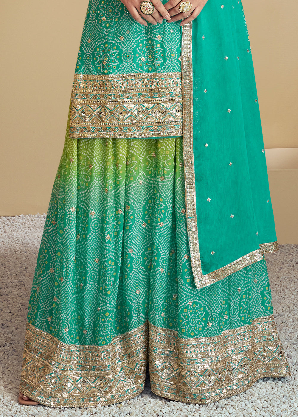 Shades Of Green & Blue Bandhani Printed Chinon Silk Plazzo suit with Embroidery work