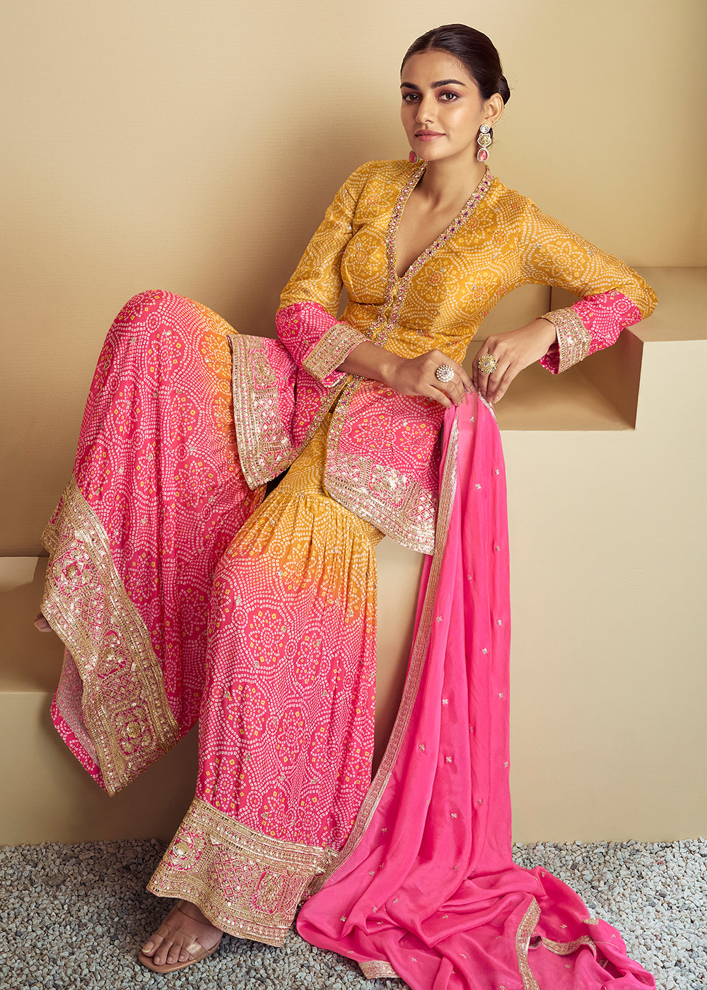 Mustard Yellow & Pink Bandhani Printed Chinon Silk Suit with Embroidery work