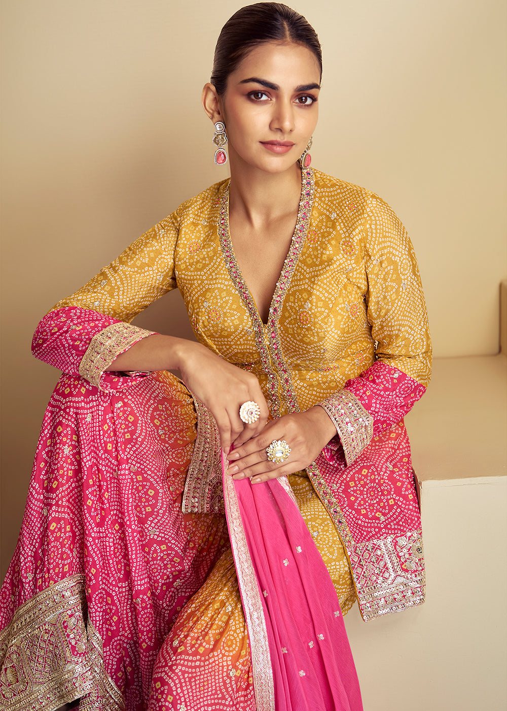 Mustard Yellow & Pink Bandhani Printed Chinon Silk Suit with Embroidery work