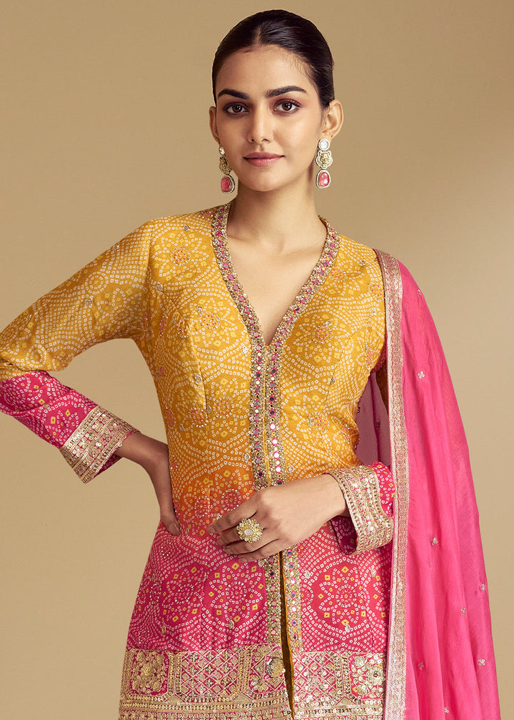 Mustard Yellow & Pink Bandhani Printed Chinon Silk Suit with Embroidery work