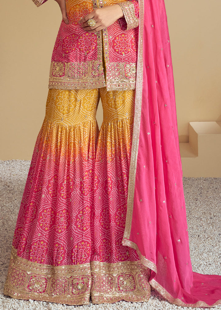 Mustard Yellow & Pink Bandhani Printed Chinon Silk Suit with Embroidery work