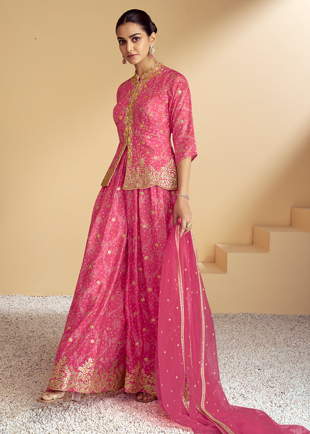 Brilliant Rose Pink Bandhani Printed Chinon Silk Plazzo Suit with Embroidery work