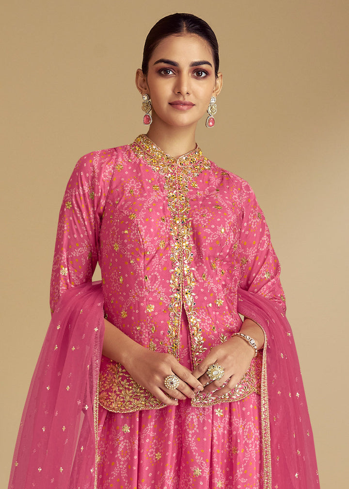 Brilliant Rose Pink Bandhani Printed Chinon Silk Plazzo Suit with Embroidery work