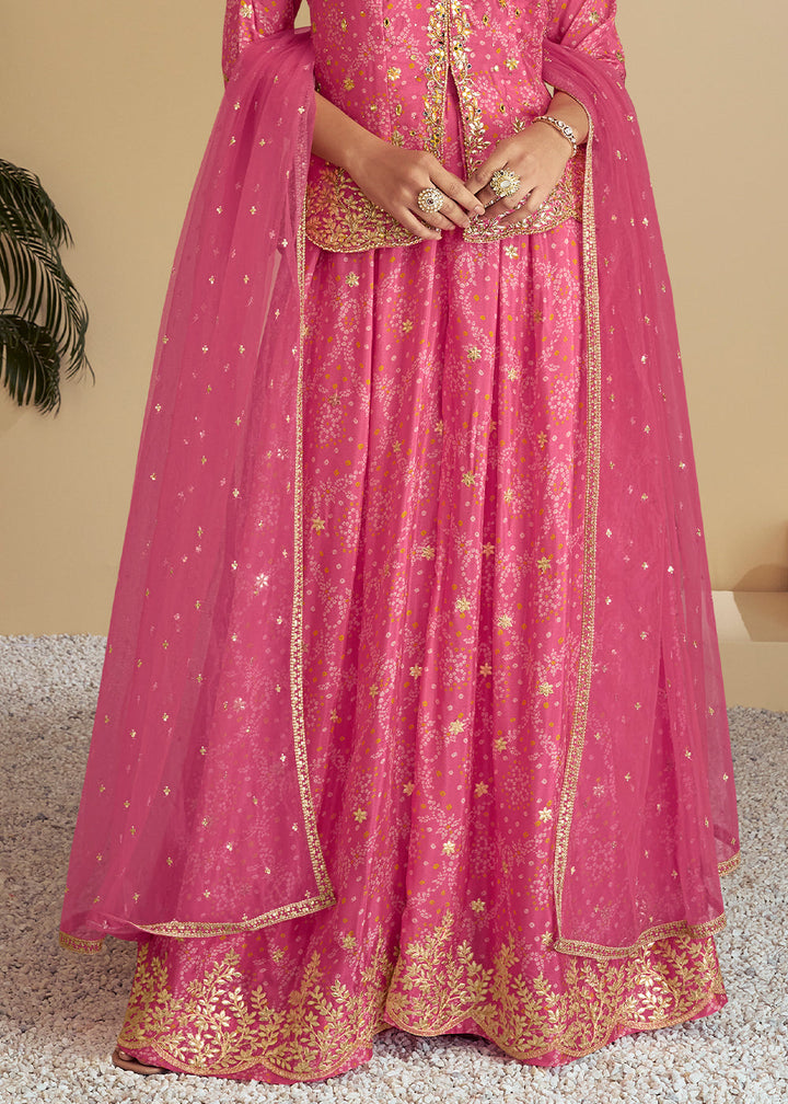 Brilliant Rose Pink Bandhani Printed Chinon Silk Plazzo Suit with Embroidery work