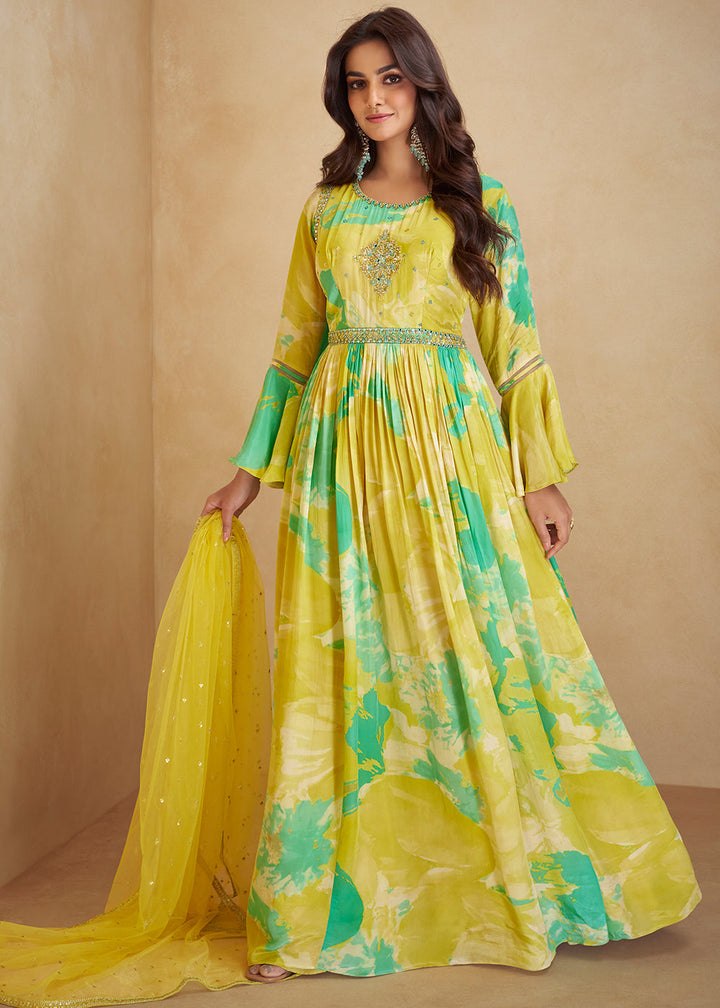 Lemon Yellow Digital Floral Printed Chinon Anarkali Suit with Embroidery work