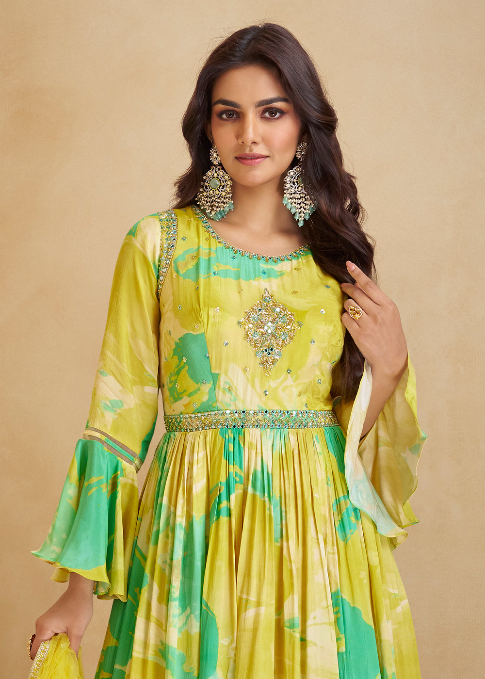 Lemon Yellow Digital Floral Printed Chinon Anarkali Suit with Embroidery work