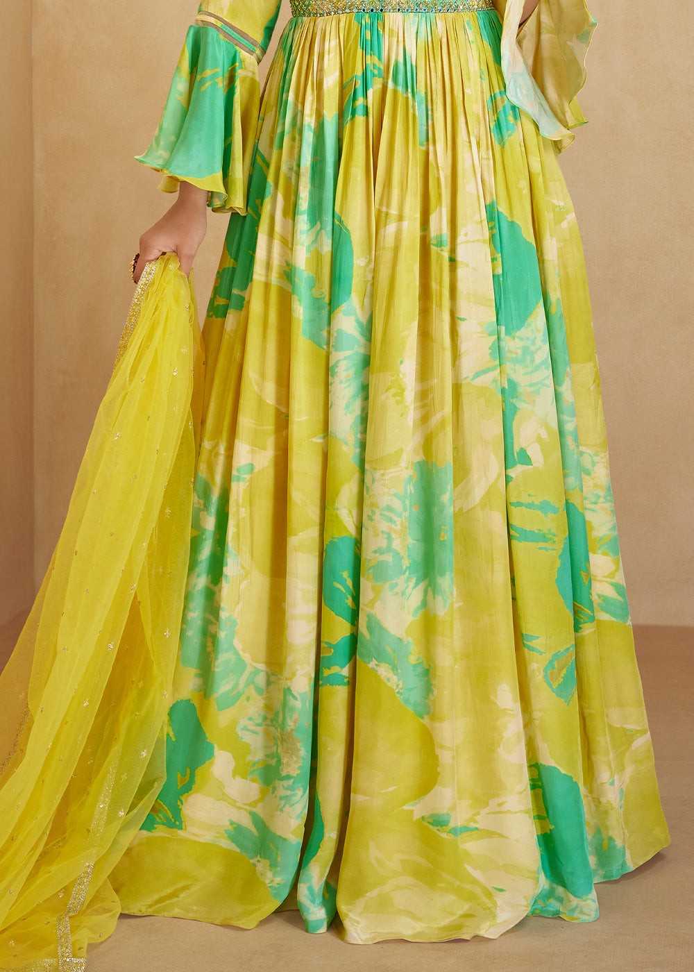 Lemon Yellow Digital Floral Printed Chinon Anarkali Suit with Embroidery work