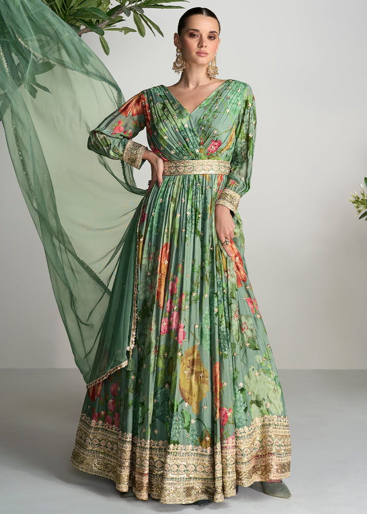 Shades Of Green Digital Floral Printed Chinon Anarkali Suit with Embroidery work