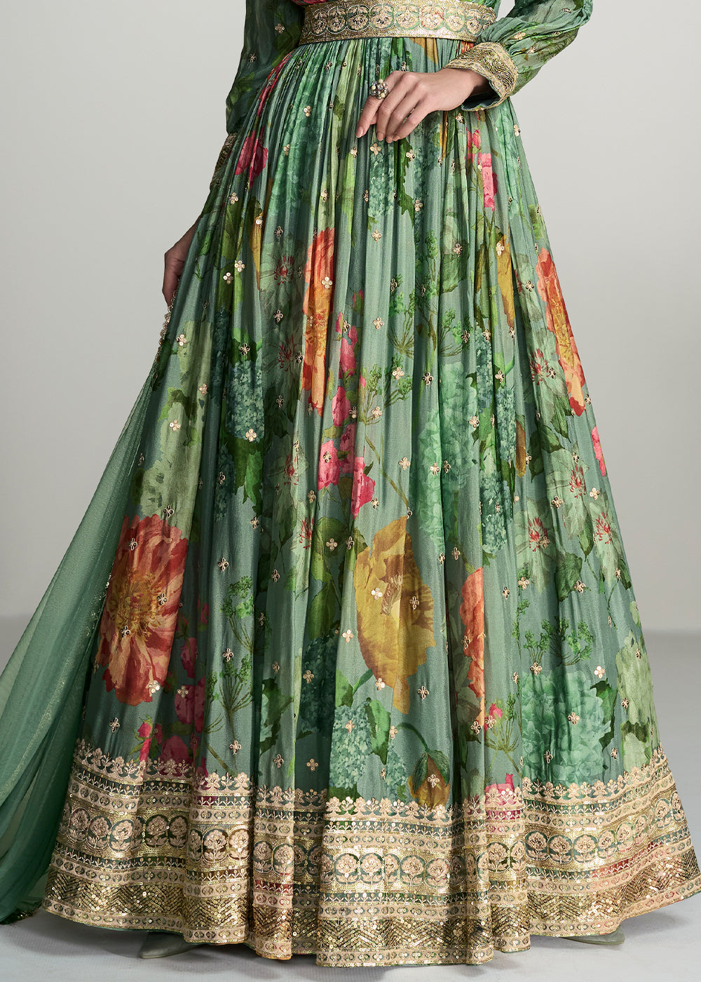 Shades Of Green Digital Floral Printed Chinon Anarkali Suit with Embroidery work