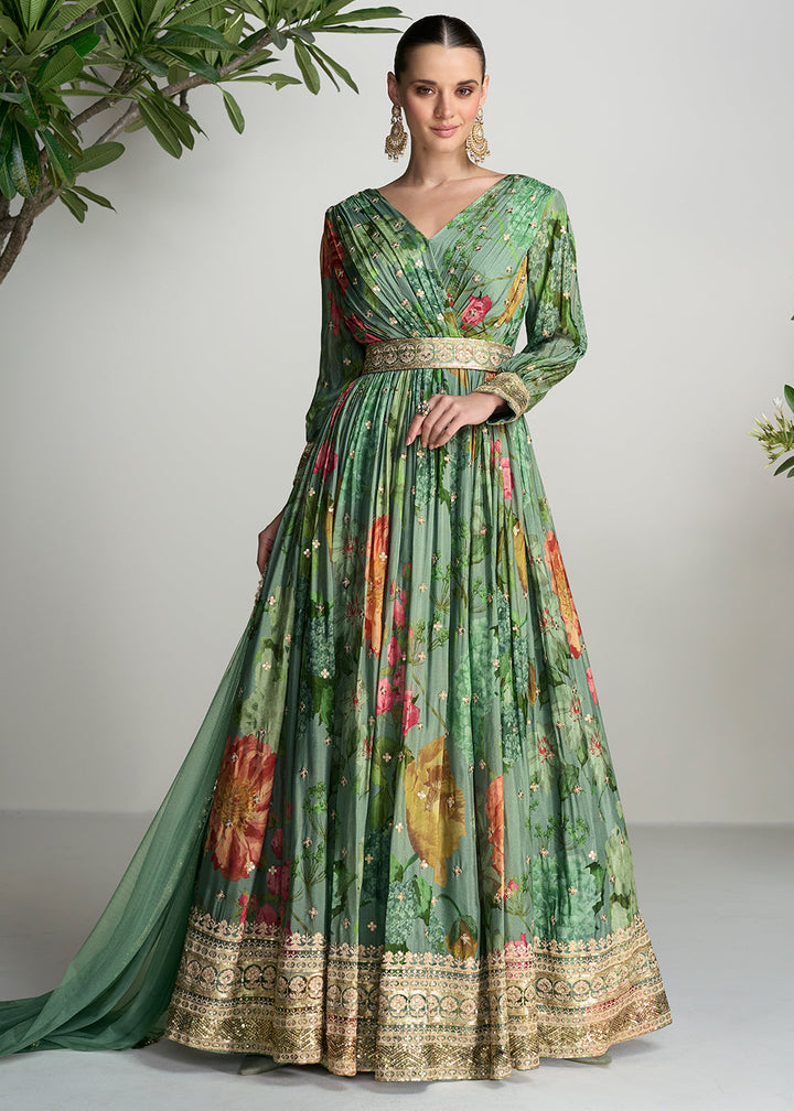 Shades Of Green Digital Floral Printed Chinon Anarkali Suit with Embroidery work