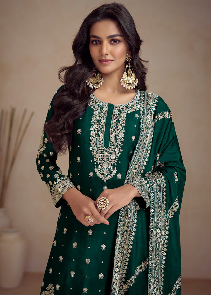 Sacramento Green Embroidered Chinon Silk Plazzo Suit