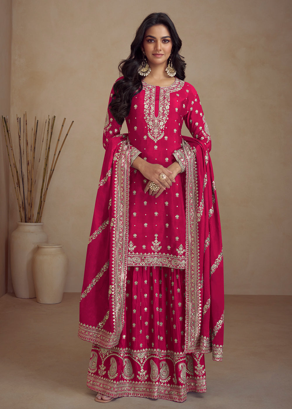 Cerise Pink Embroidered Chinon Silk Plazzo Suit