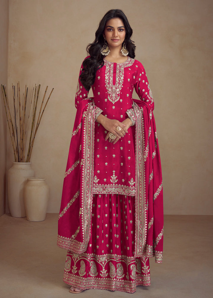 Cerise Pink Embroidered Chinon Silk Plazzo Suit