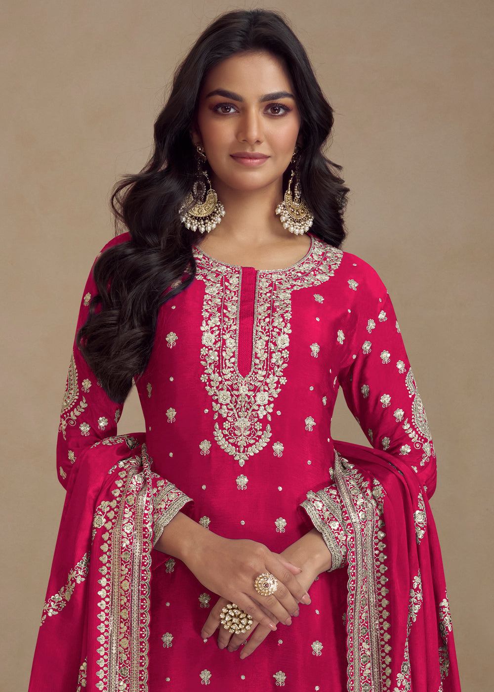 Cerise Pink Embroidered Chinon Silk Plazzo Suit