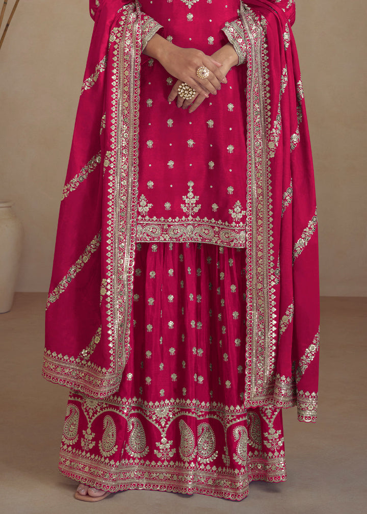 Cerise Pink Embroidered Chinon Silk Plazzo Suit