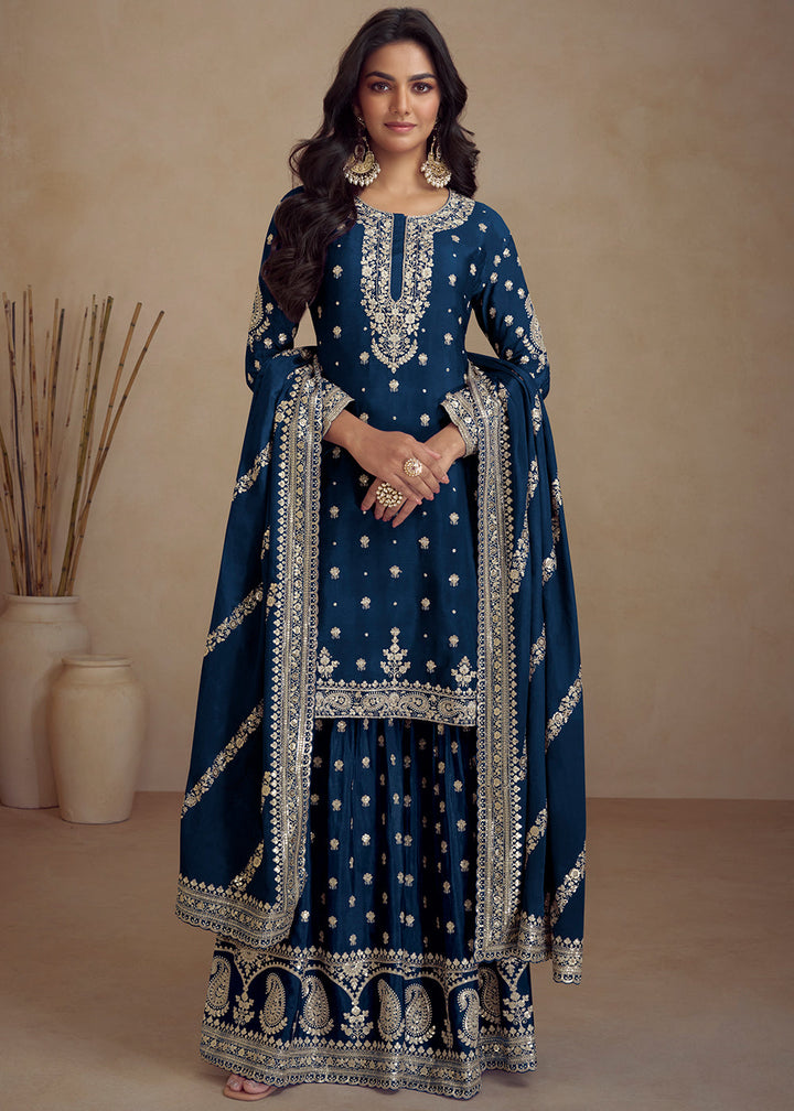 Resolution Blue Embroidered Chinon Silk Plazzo Suit