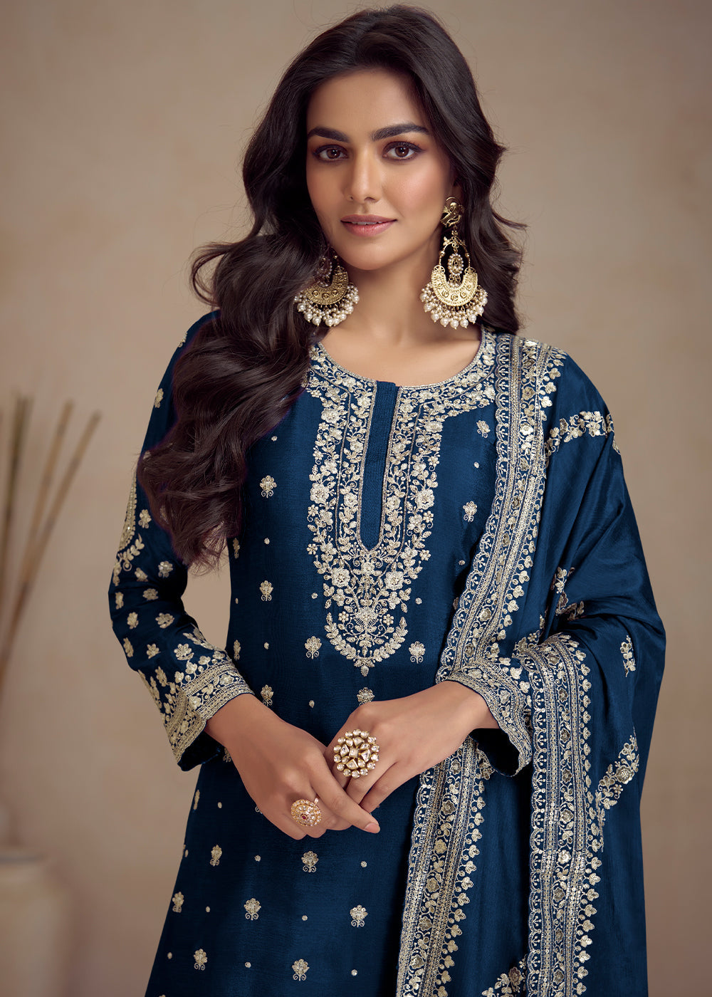 Resolution Blue Embroidered Chinon Silk Plazzo Suit