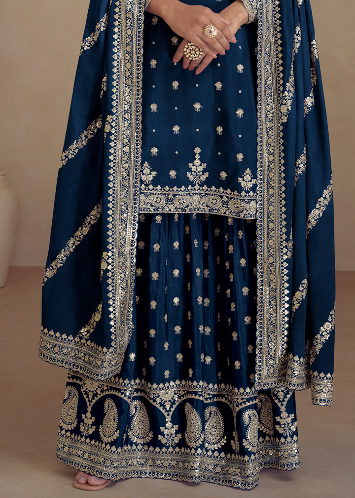 Resolution Blue Embroidered Chinon Silk Plazzo Suit