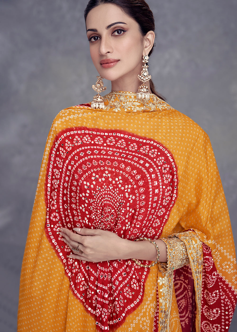 Tangerine Orange Bandhani Printed Chinon Silk Plazzo Suit Having Embroidery with Mirror Work