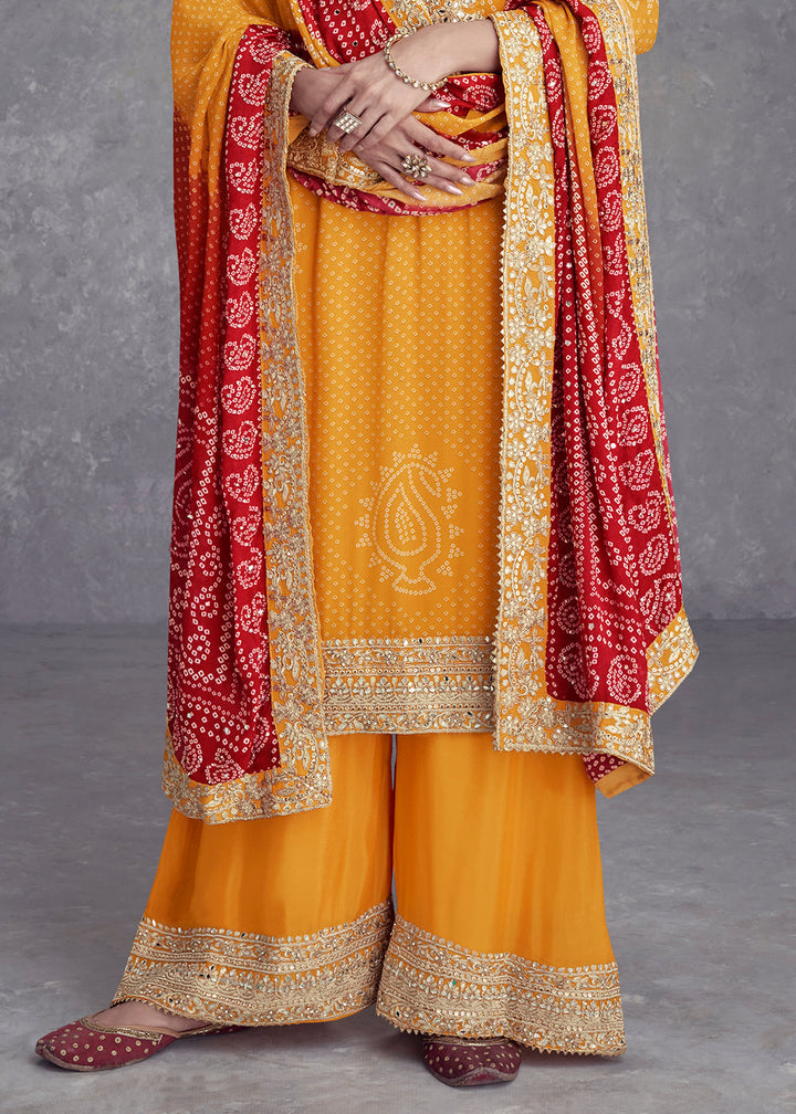 Tangerine Orange Bandhani Printed Chinon Silk Plazzo Suit Having Embroidery with Mirror Work