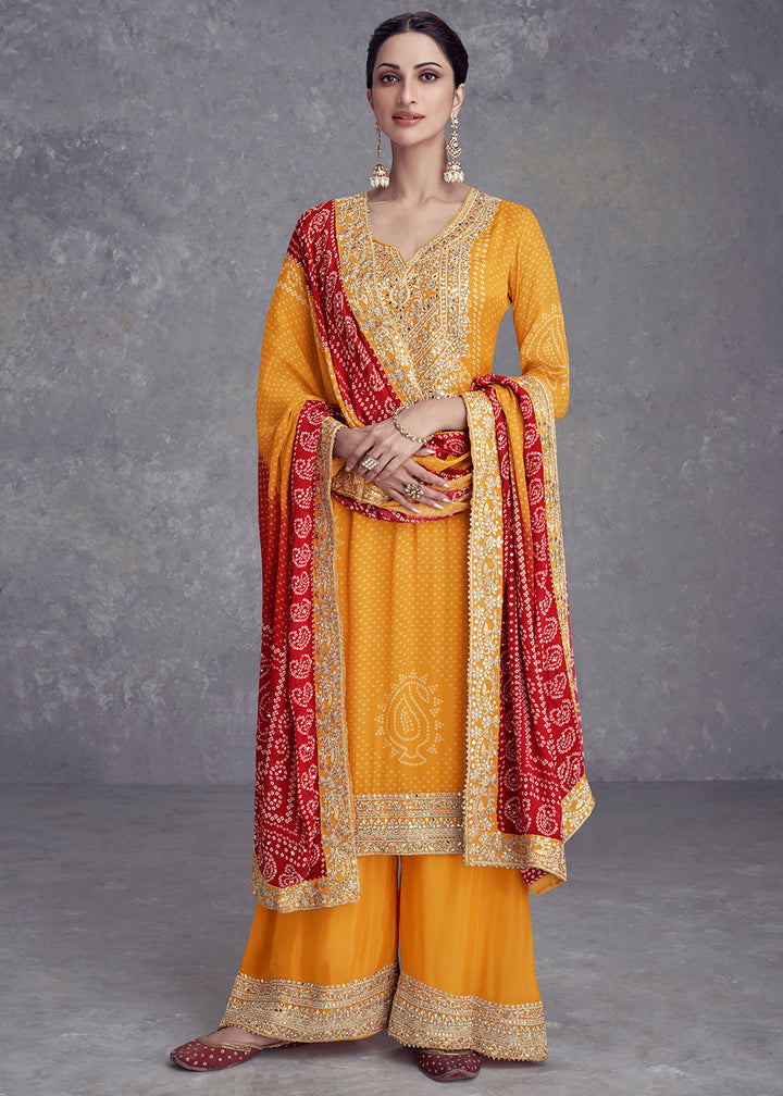 Tangerine Orange Bandhani Printed Chinon Silk Plazzo Suit Having Embroidery with Mirror Work