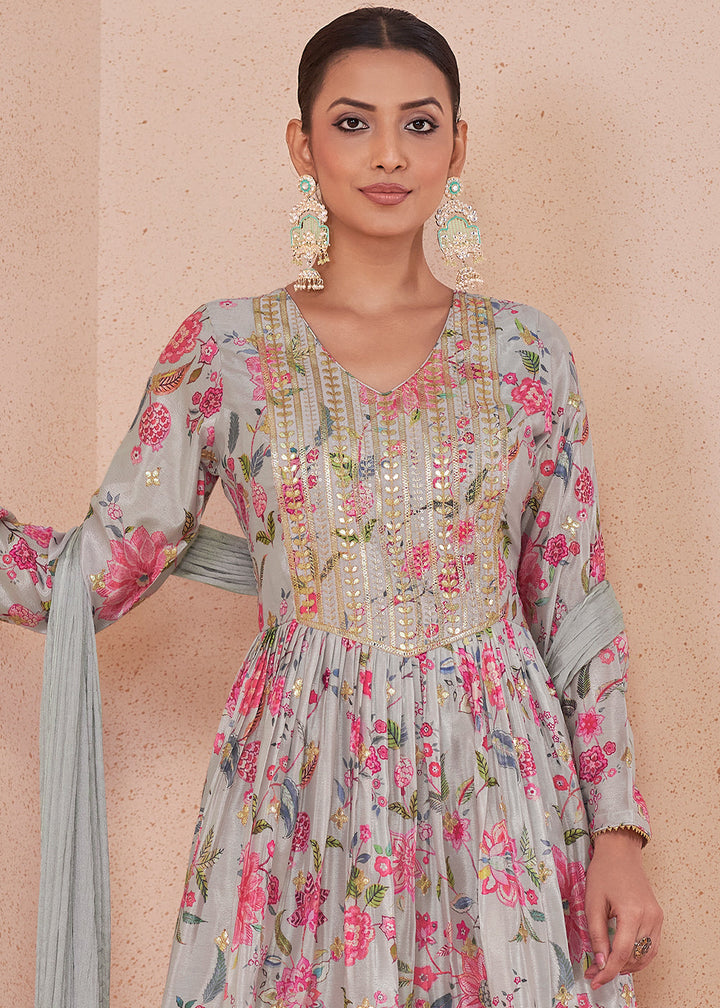 Light Grey Digital Floral Printed Chinon Suit with Embroidery work