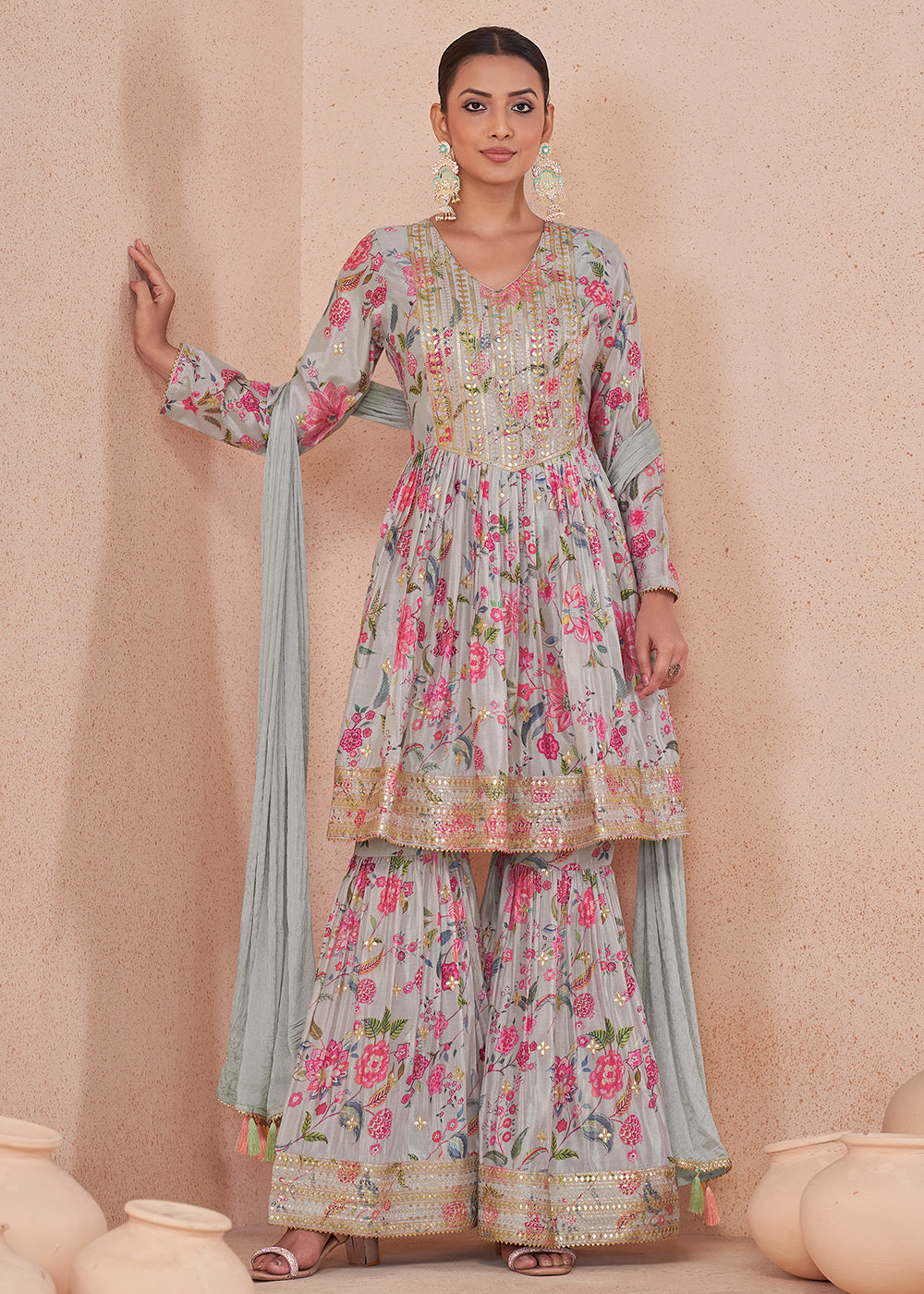 Light Grey Digital Floral Printed Chinon Suit with Embroidery work