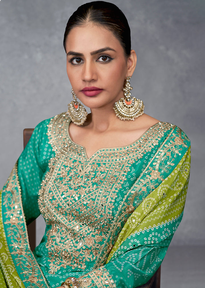 Clover Green Bandhani Printed Chinon Silk Plazzo Suit Having Embroidery with Mirror Work