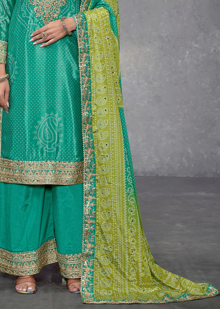 Clover Green Bandhani Printed Chinon Silk Plazzo Suit Having Embroidery with Mirror Work