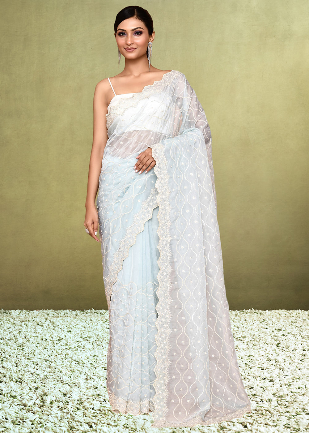 Ice Blue Organza Satin Silk Saree having Sequence with Diamond work