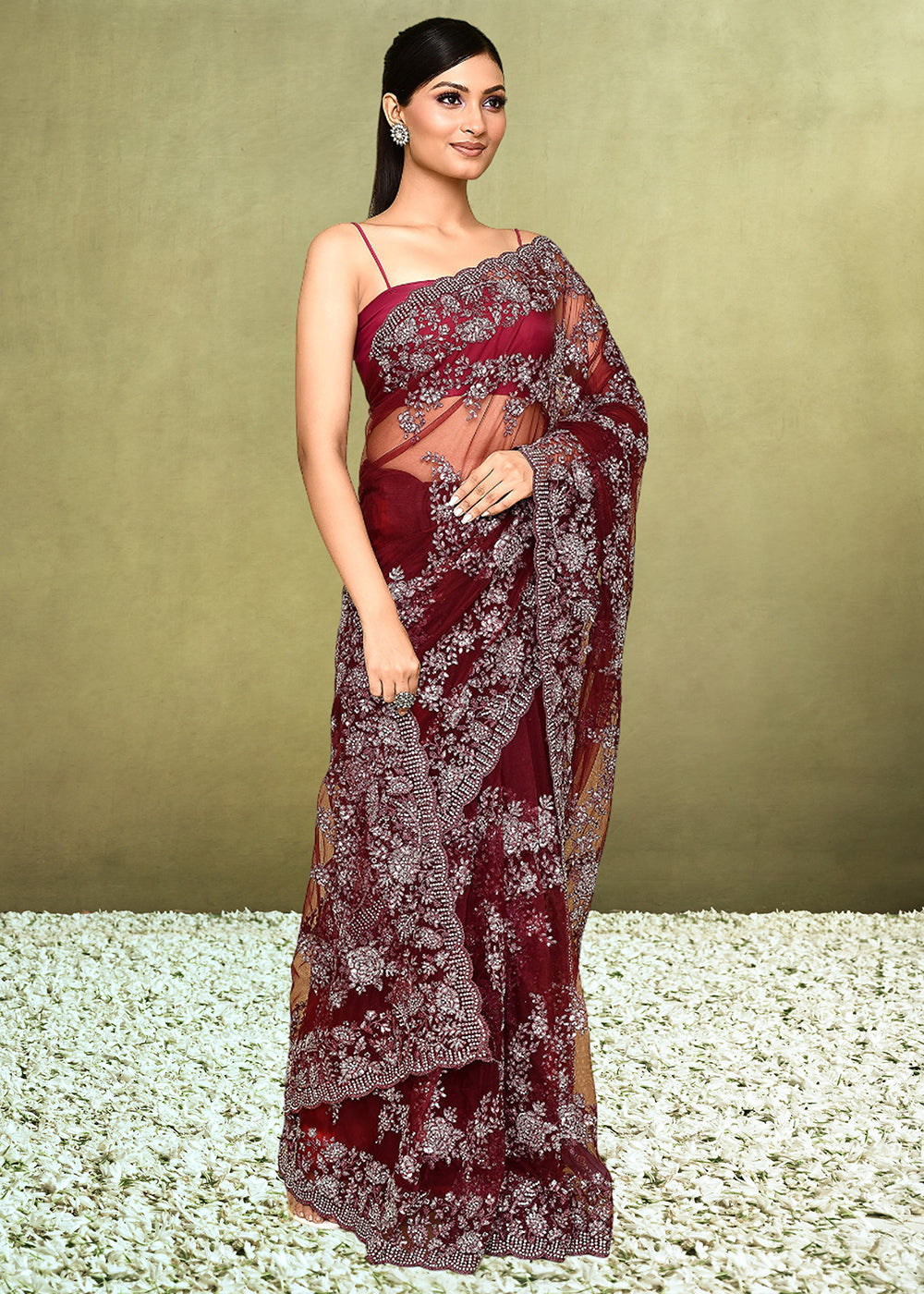 Maroon Red Net Saree having Sequence with Diamond work