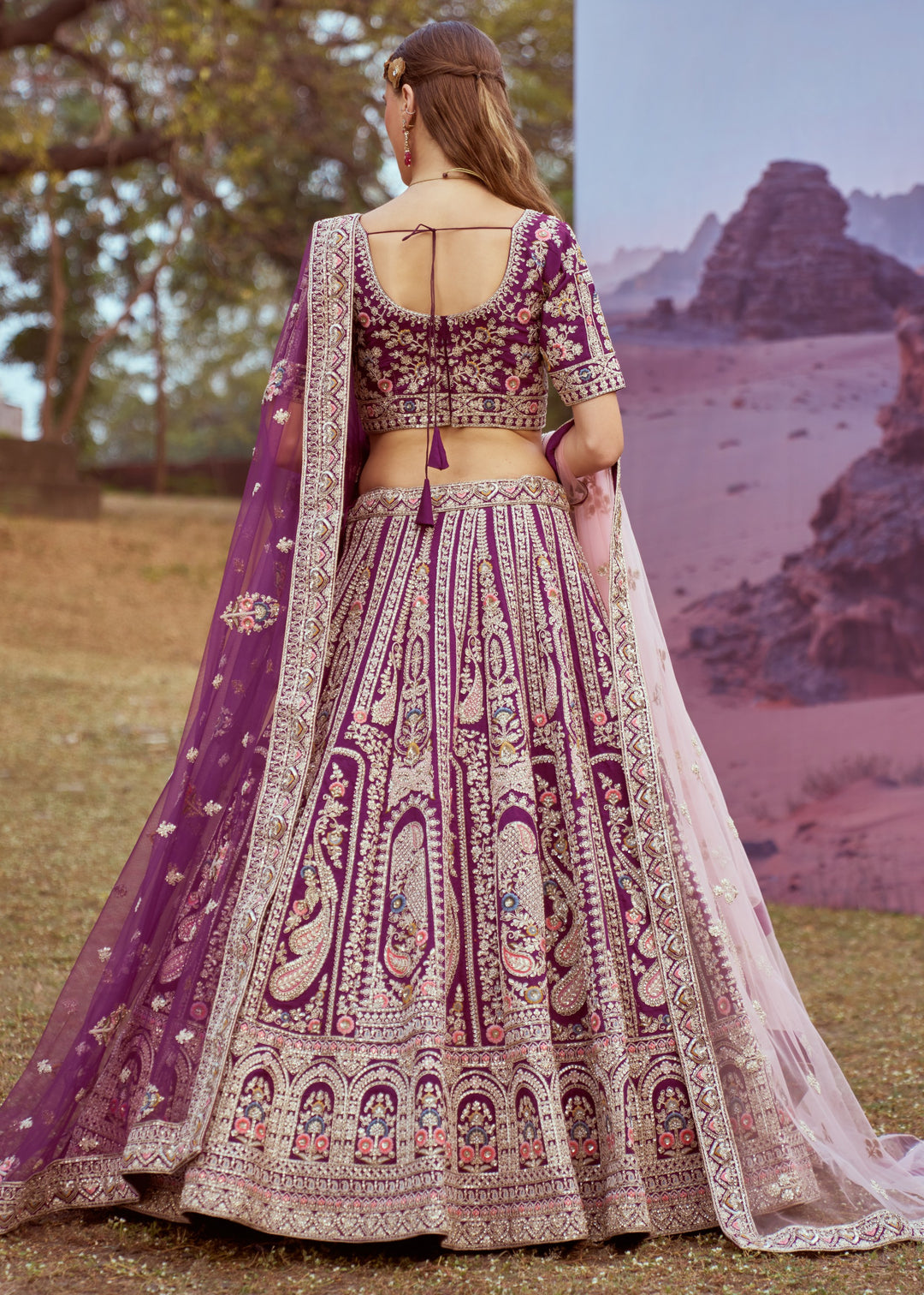 Purple Pure Silk Moti Coding Embroidery Bridal Lehenga