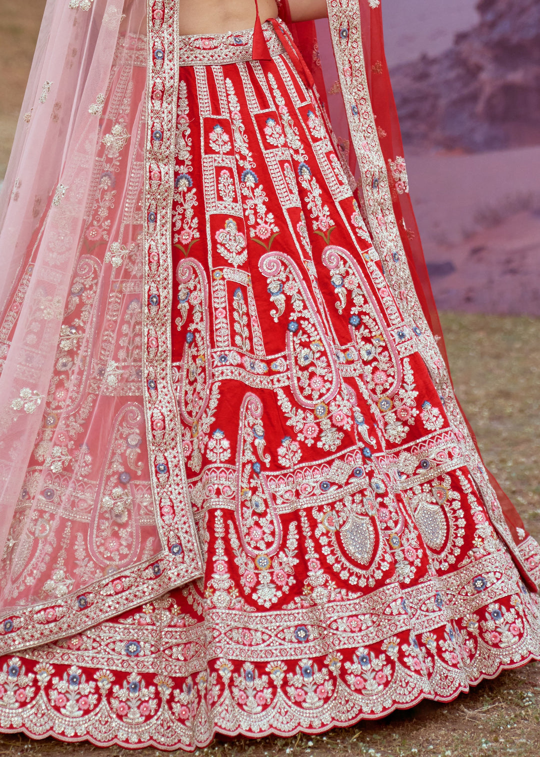 Red Pure silk Moti, Sequins embroidery Bridal Lehenga