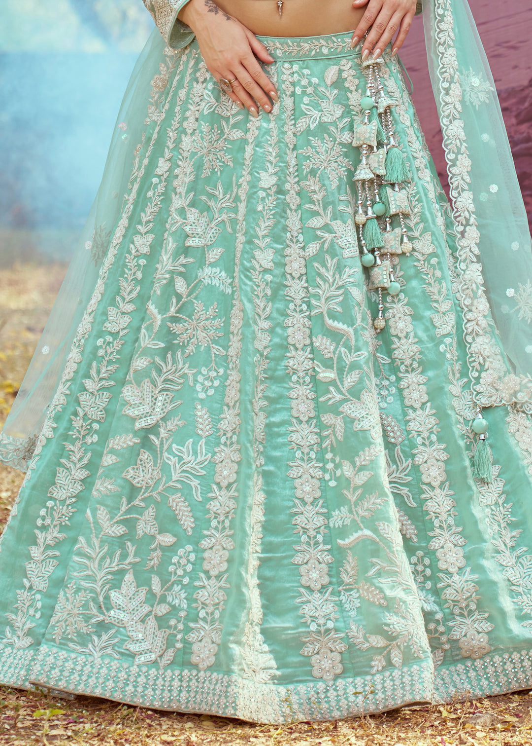 Sea green Organza Sequins embroidery Lehenga