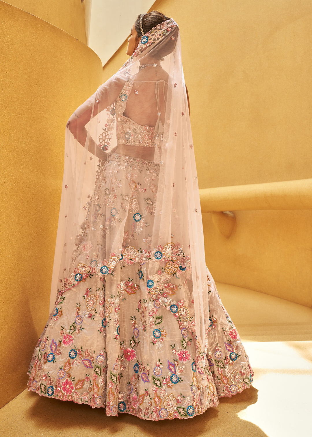 Rose Gold Organza Fabric Sequins Work Lehenga