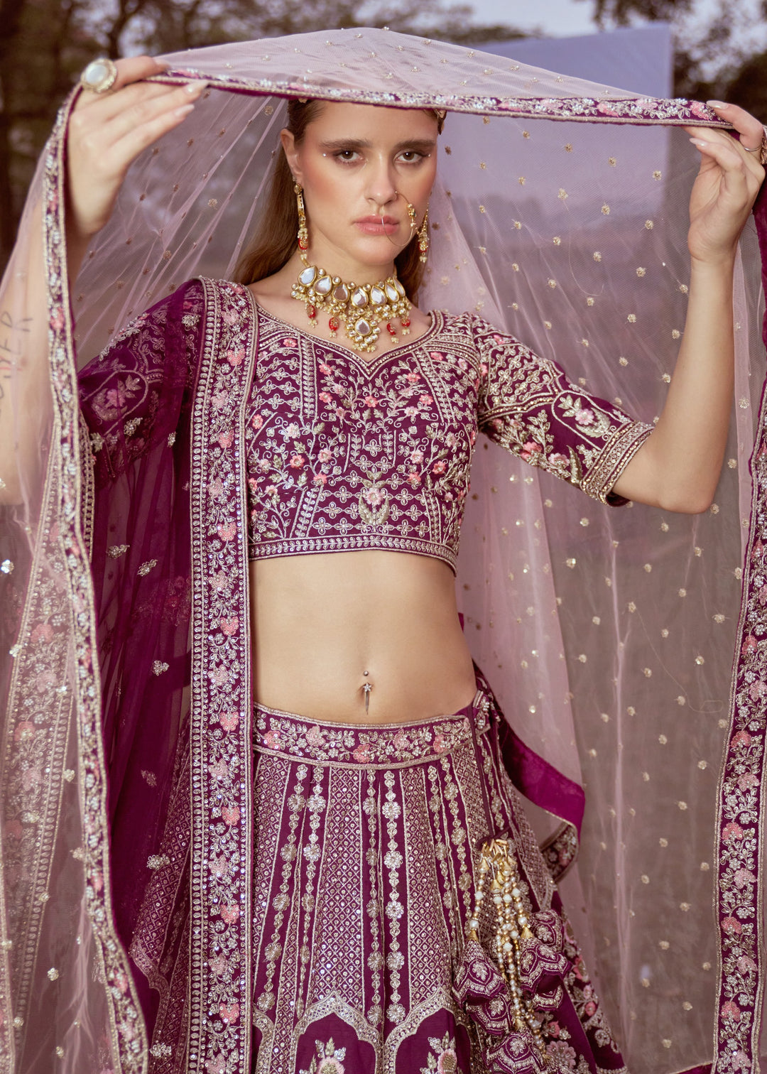 Purple Pure silk Moti, Sequins embroidery Bridal Lehenga