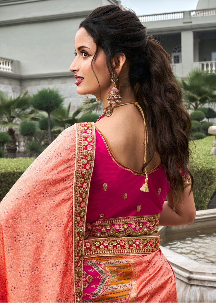 Orange & Pink Banarasi Silk Lehenga with Zarkan Codding work