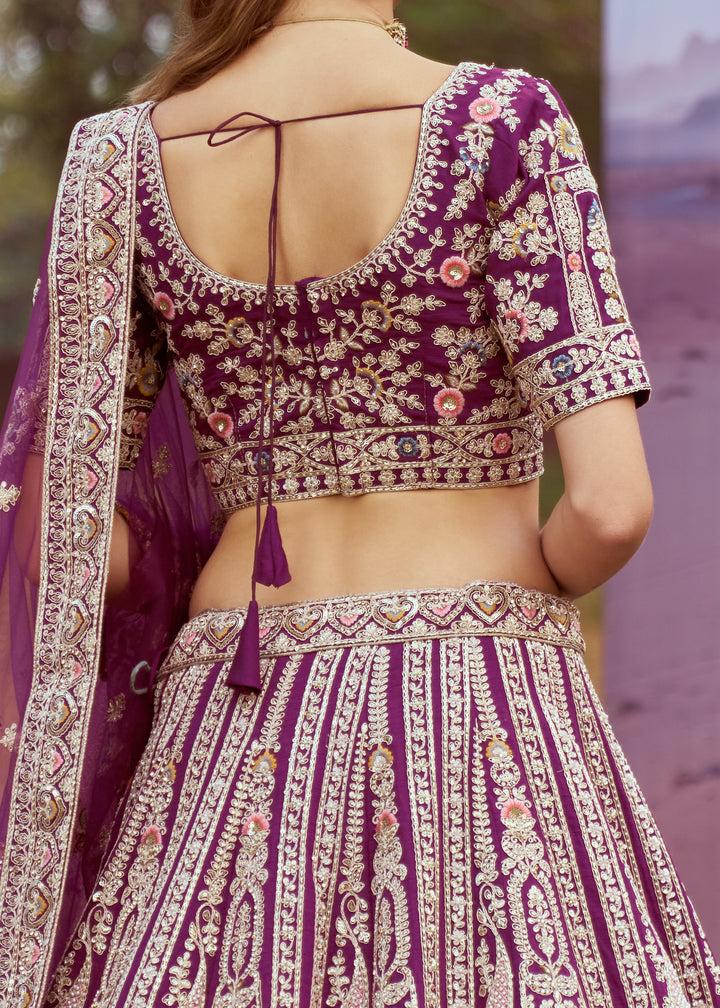 Dark Purple Pure silk Moti, Coding embroidery Bridal Lehenga