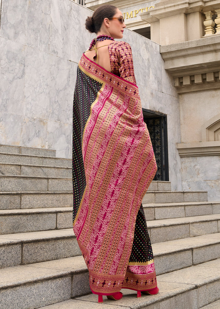 Onyx Black Woven Banarasi Silk saree with Contrast Blouse & Pallu