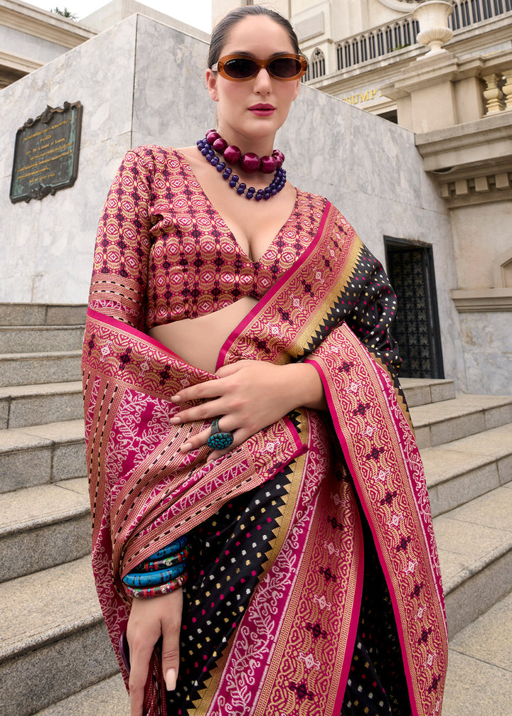 Onyx Black Woven Banarasi Silk saree with Contrast Blouse & Pallu