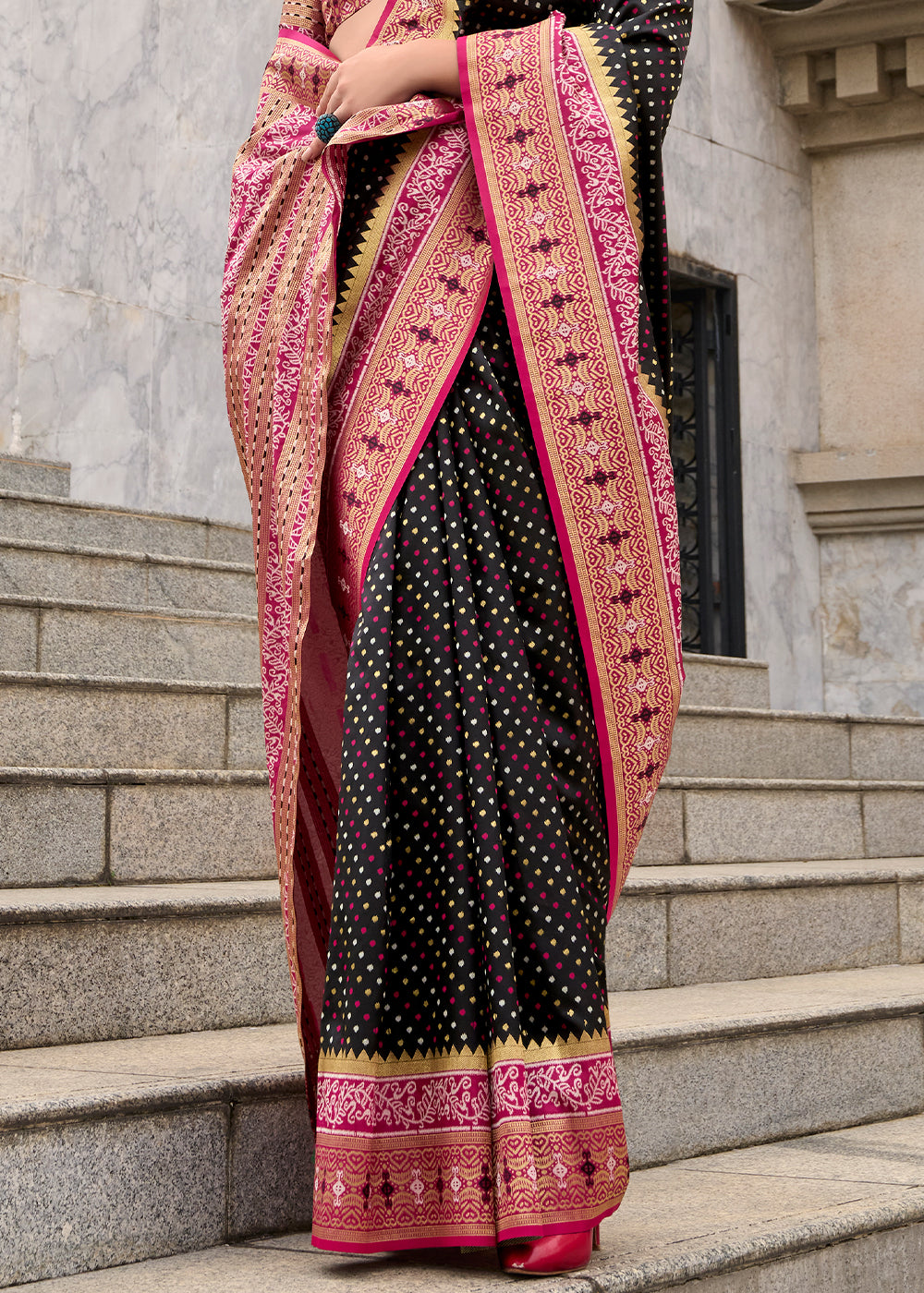 Onyx Black Woven Banarasi Silk saree with Contrast Blouse & Pallu