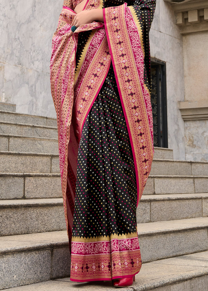 Onyx Black Woven Banarasi Silk saree with Contrast Blouse & Pallu