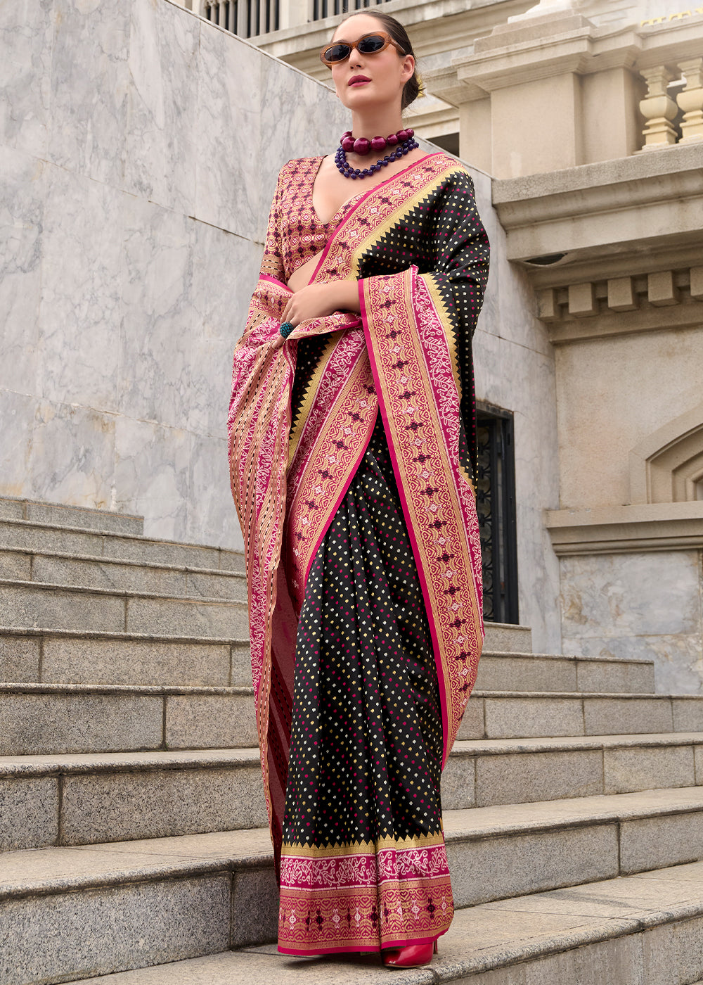 Onyx Black Woven Banarasi Silk saree with Contrast Blouse & Pallu