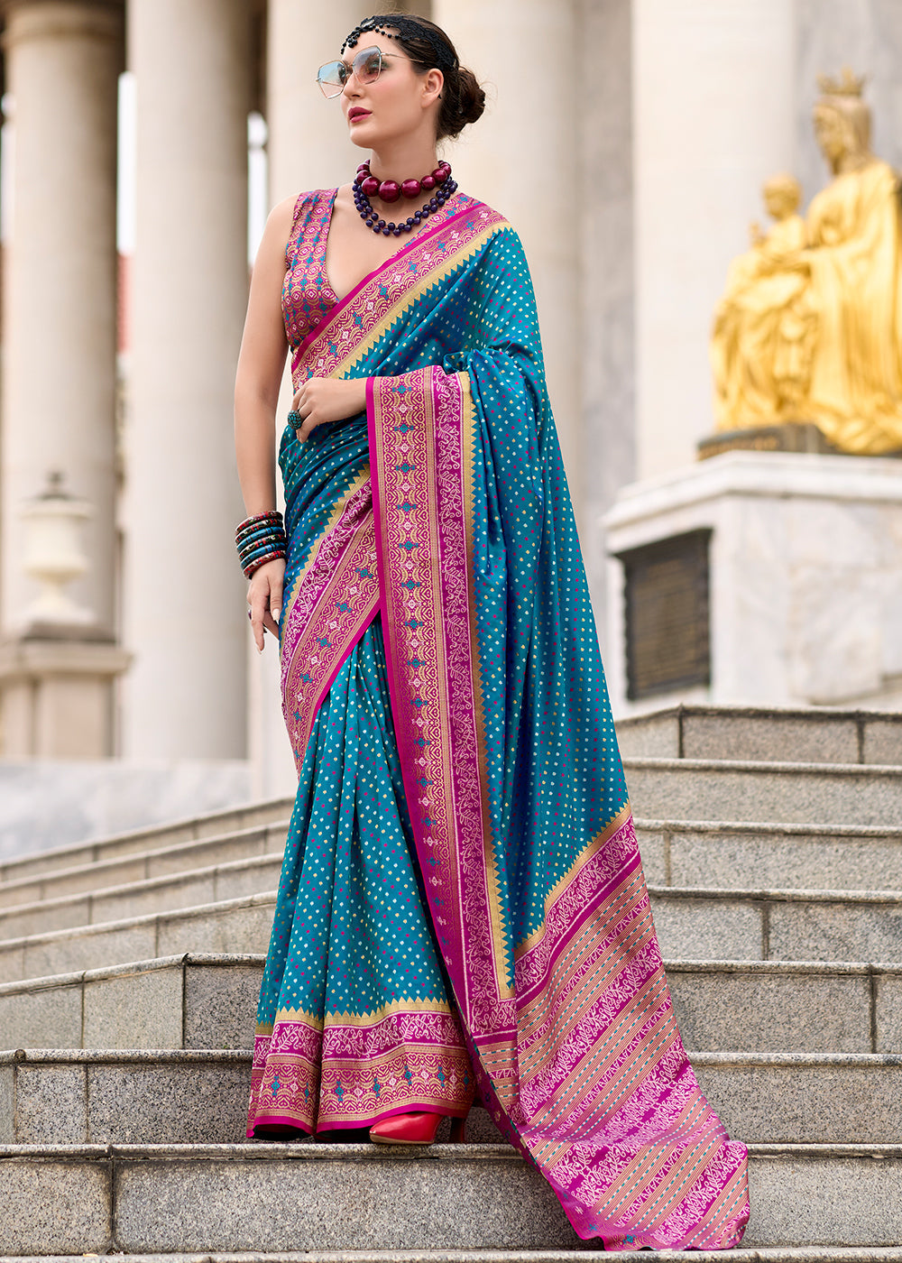 Cerulean Blue Woven Banarasi Silk saree with Contrast Blouse & Pallu