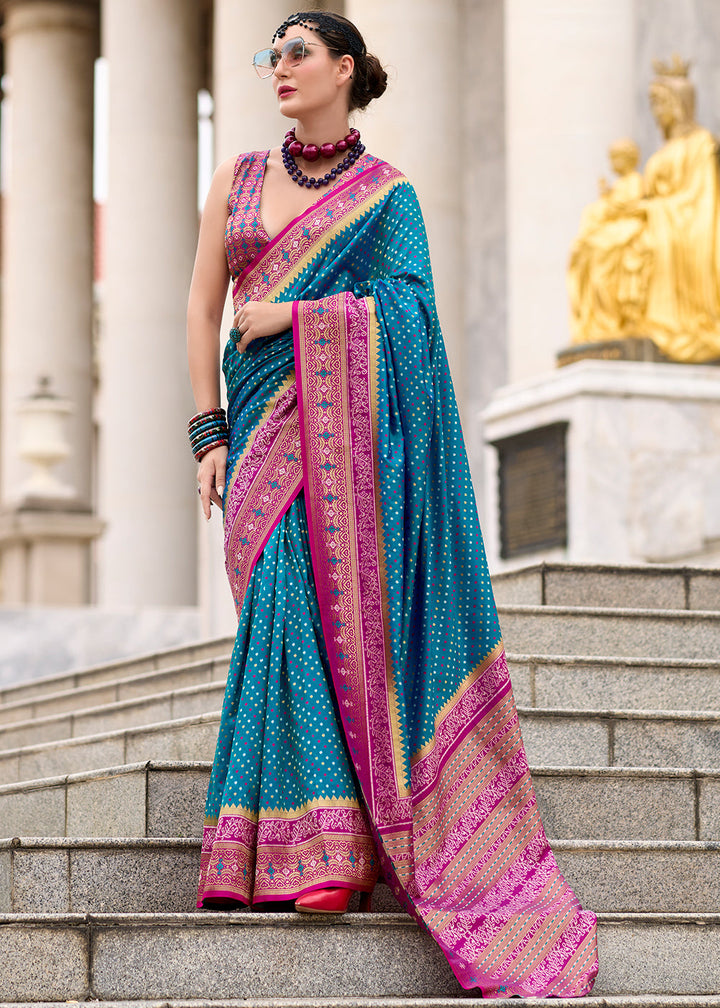 Cerulean Blue Woven Banarasi Silk saree with Contrast Blouse & Pallu