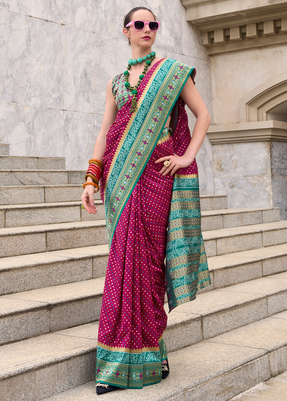 Cerise Pink Woven Banarasi Silk saree with Contrast Blouse & Pallu