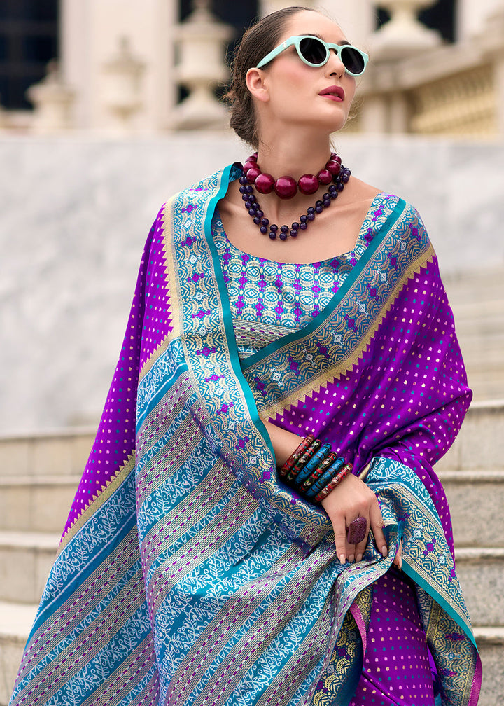 Irish Purple Woven Banarasi Silk saree with Contrast Blouse & Pallu